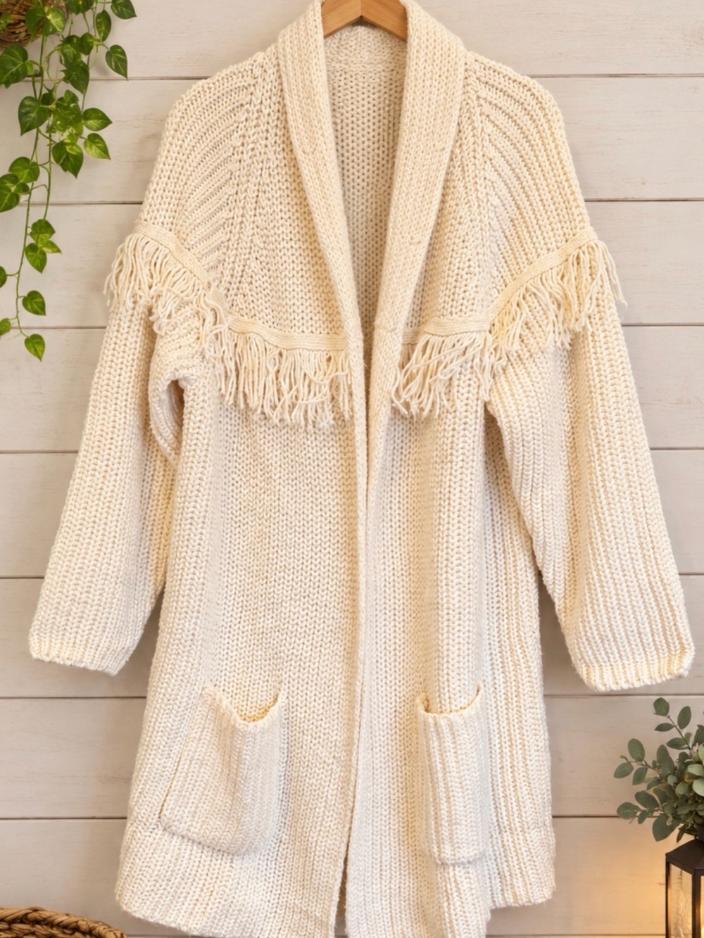 Lane Bryant Shawl Collar Fringe Open-Front Sweater Cardigan - Cream